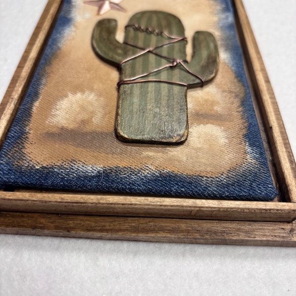 Mixed Media Wall Art Saguaro Cactus Tan Sunset Star Desert Wood Southwest 6 x 8 - Picture 3 of 5